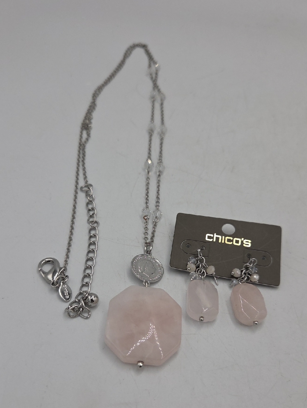 Chico's Soft Pink Quartz Stone Necklace with Matching Earrings